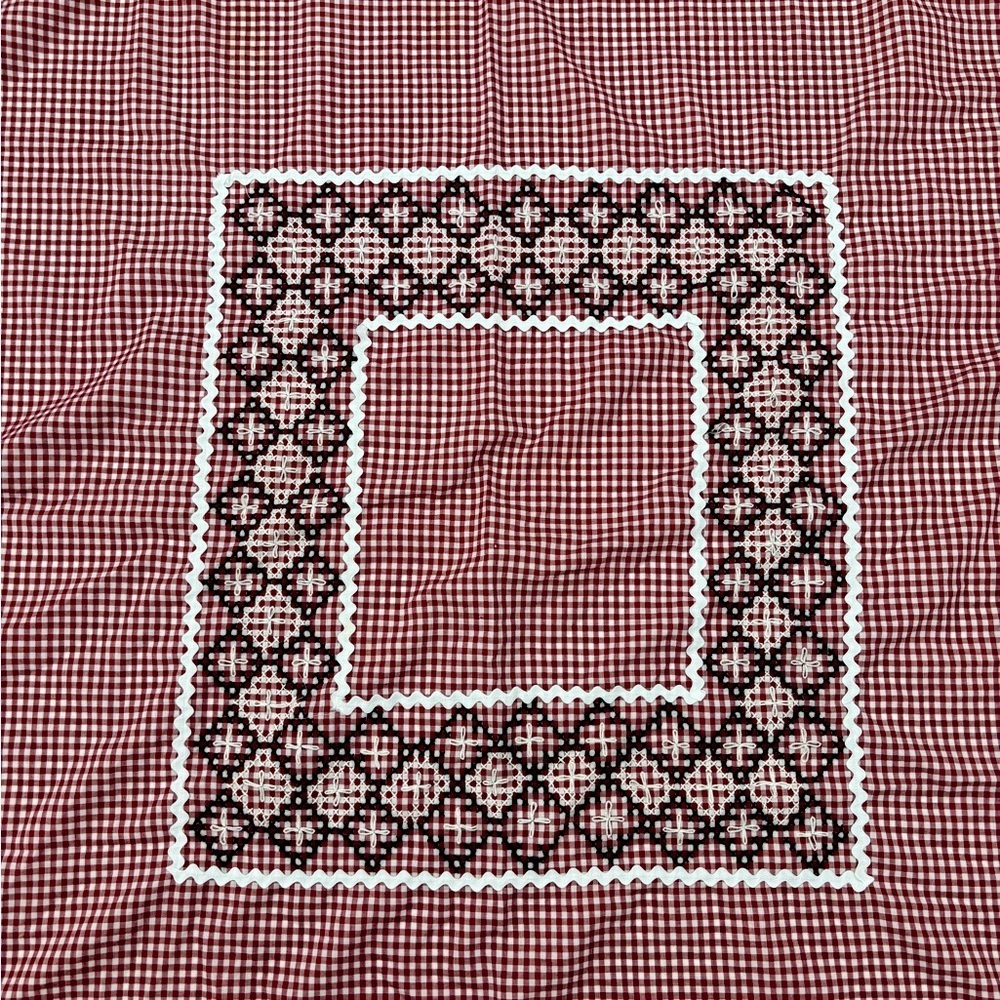 Gingham Check Luncheon Cloth Handmade Embroidered Design Bordered with Rick Rack